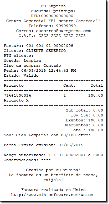 Ejemplo de factura emitida en Único ERP